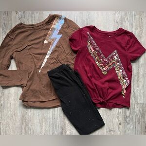 GAP Kids Sequin Lightning Bolt Tees and sparkle pants bundle- Brown & Red